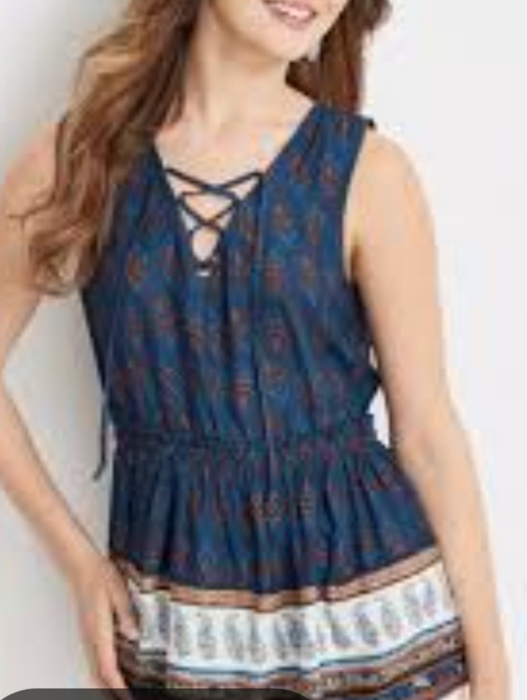 Paisley Print Navy Sleeveless Tie-Front Peplum Top